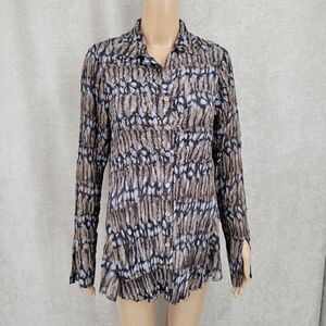 Alberto Makali Smocked Popcorn Pleats Sequin Long Sleeve Button Front Blouse Top